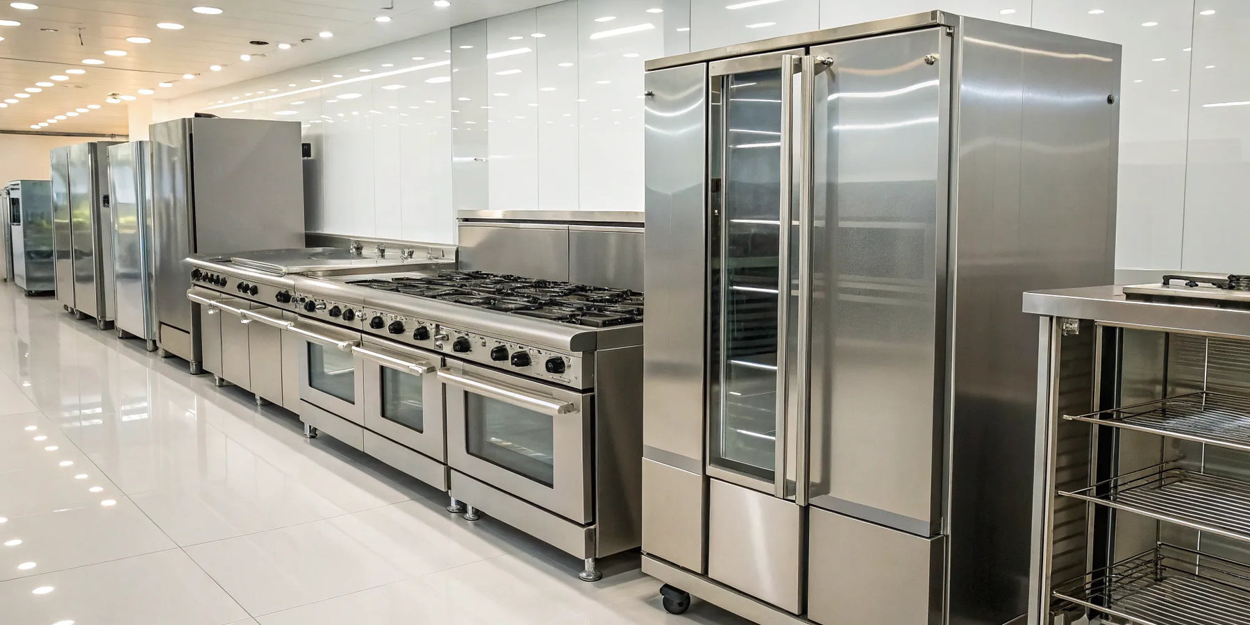 Stainless steel ovens and refrigerators at a Rochester restaurant supply store.
