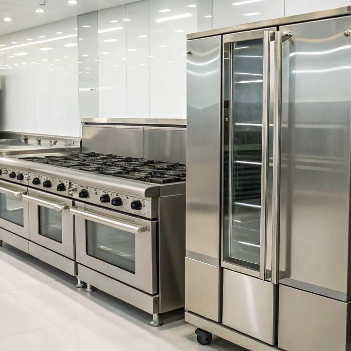 Stainless steel ovens and refrigerators at a Rochester restaurant supply store.