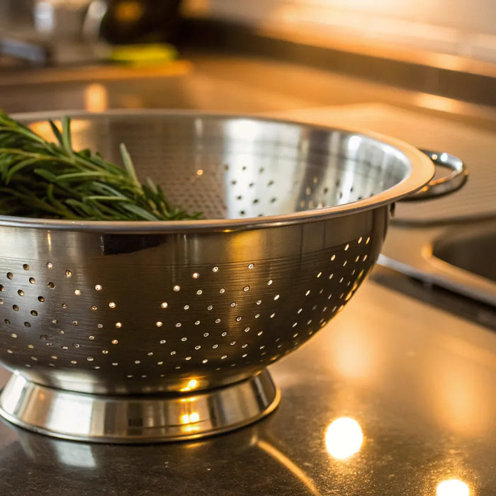 One of the best stainless steel colanders for a professional kitchen, with sturdy handles.