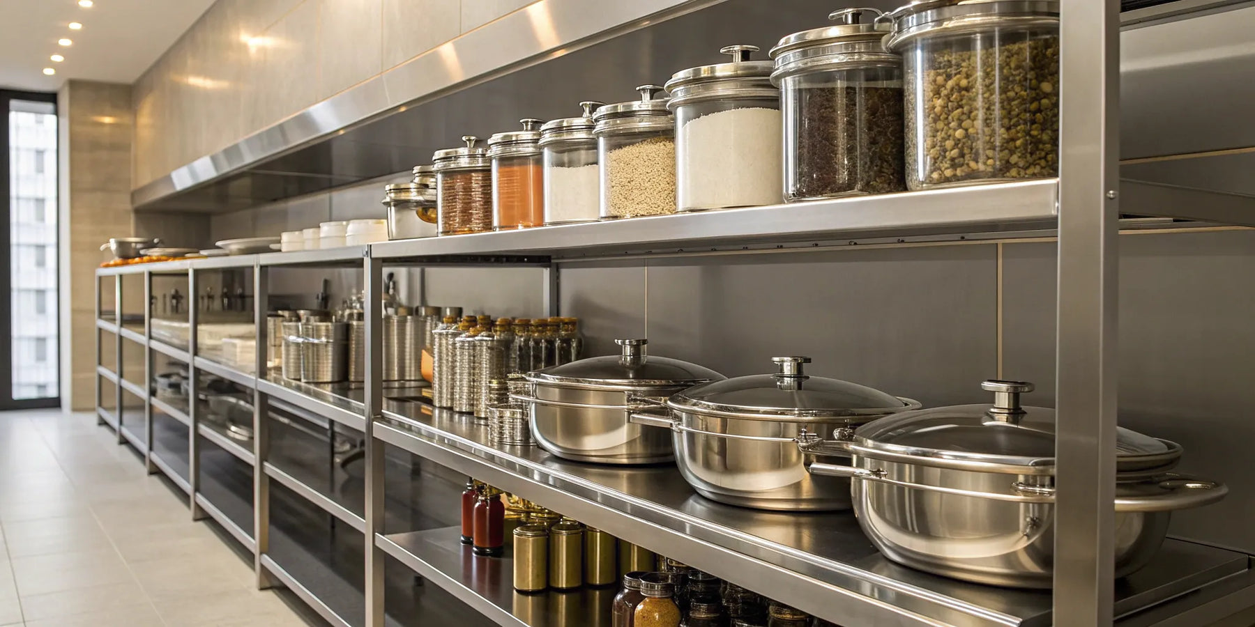 Stainless steel shelves neatly organizing pots, pans, and jars in a professional kitchen.