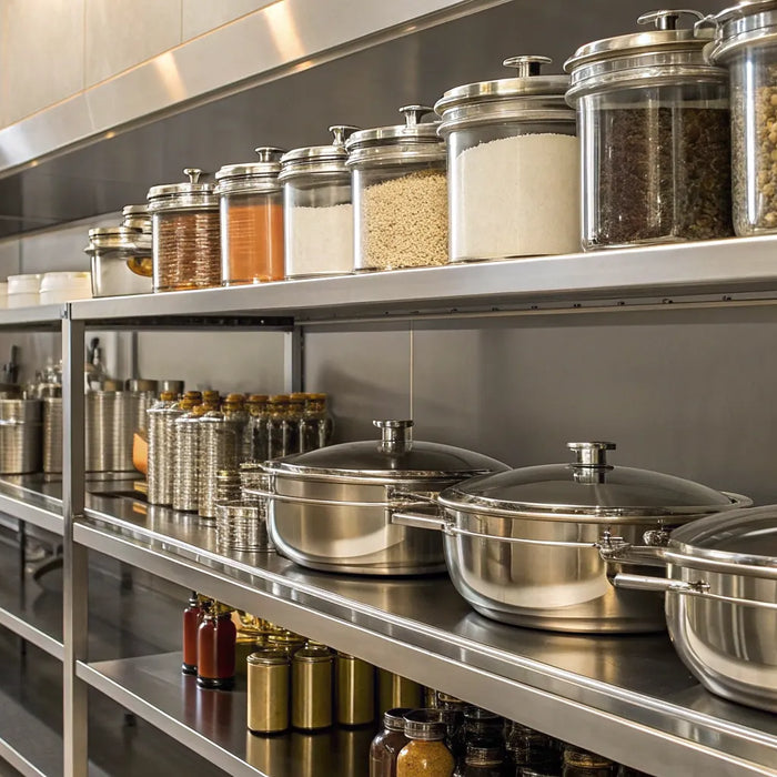 Stainless steel shelves neatly organizing pots, pans, and jars in a professional kitchen.