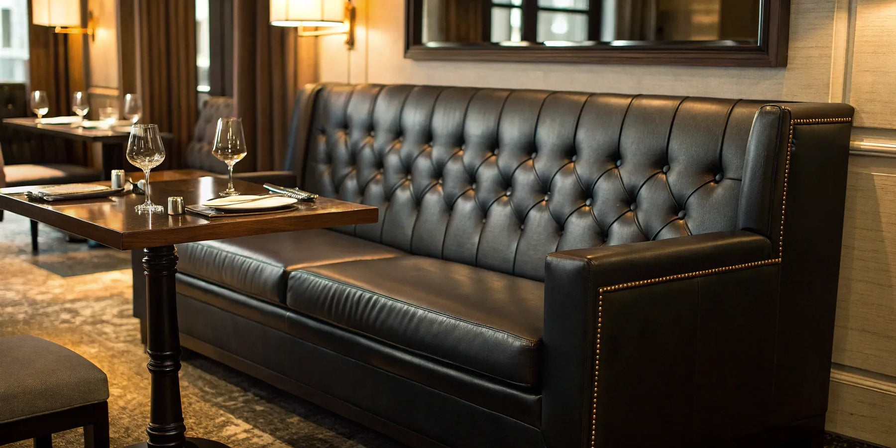 A tufted black leather loveseat in a modern restaurant dining area.