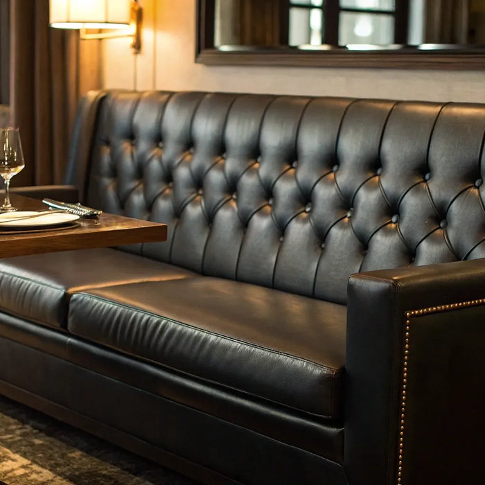 A tufted black leather loveseat in a modern restaurant dining area.