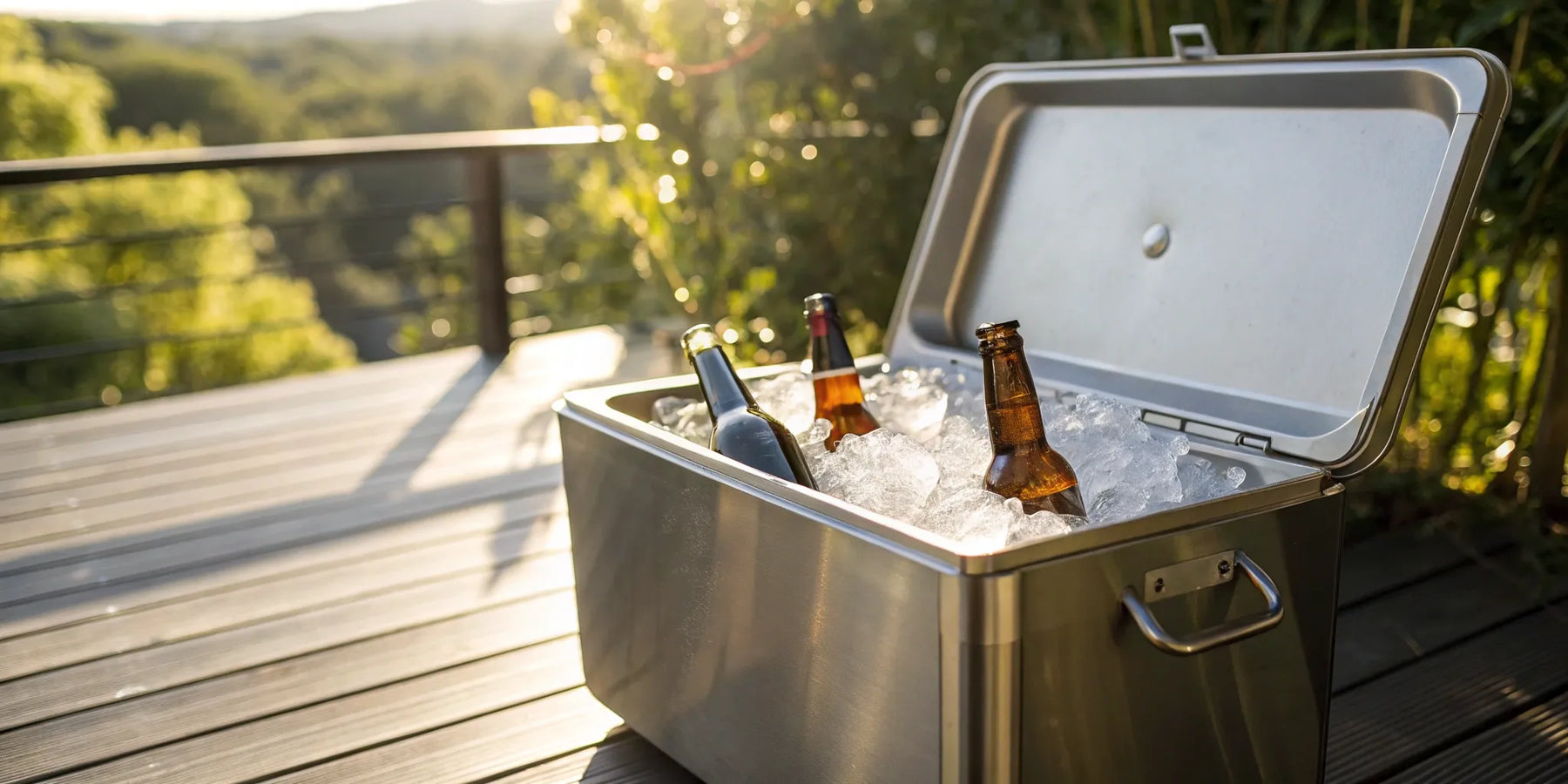 A stainless steel cooler for beer filled with ice and bottles outdoors.