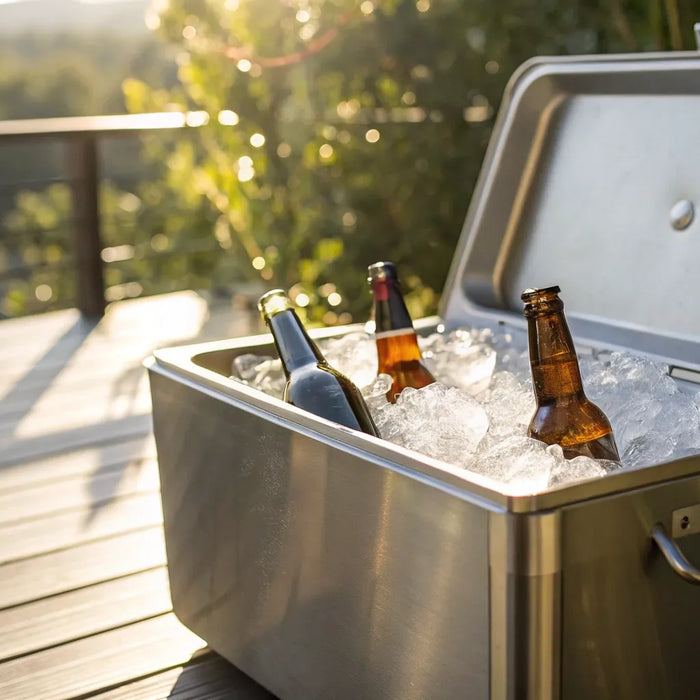 A stainless steel cooler for beer filled with ice and bottles outdoors.