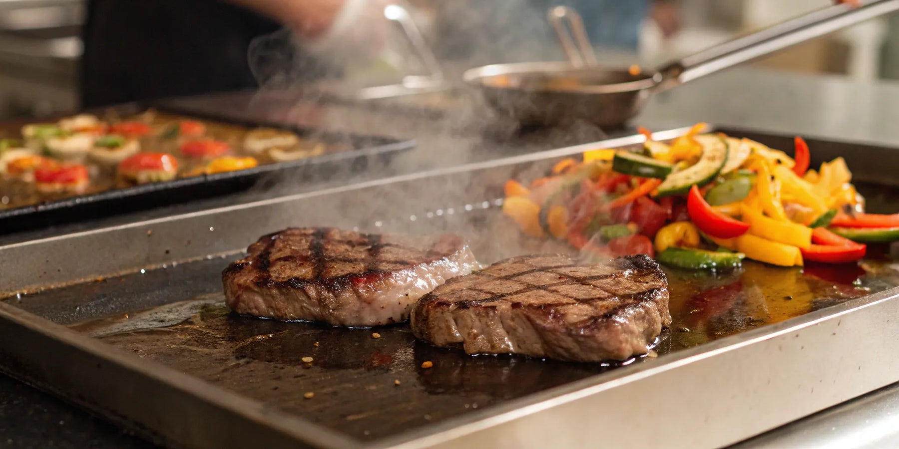 A commercial griddle for sale cooking sizzling steaks and colorful vegetables.