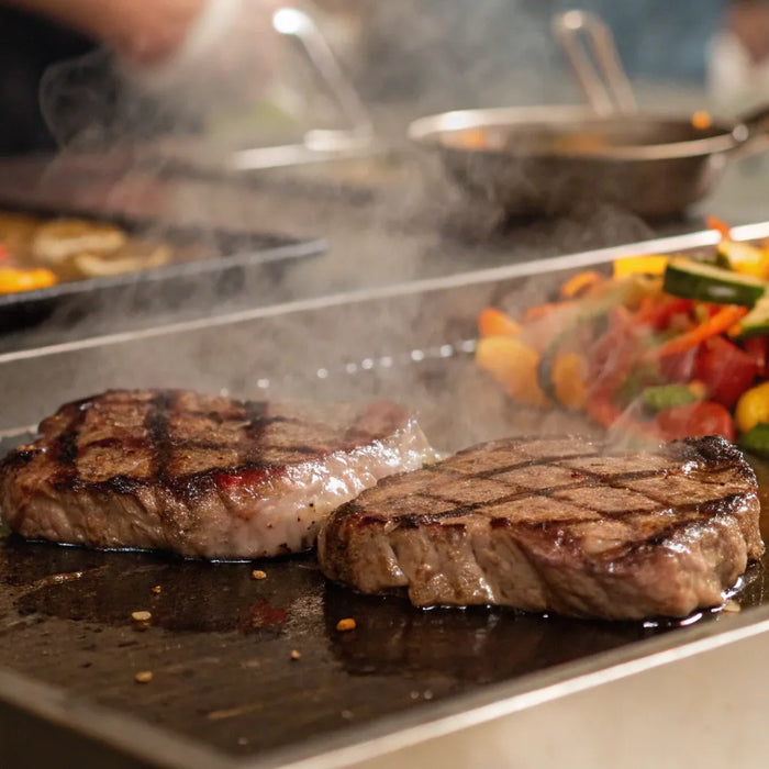 A commercial griddle for sale cooking sizzling steaks and colorful vegetables.