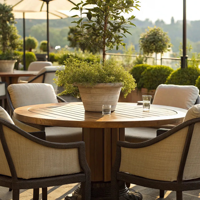 Round outdoor chair with cushions in a sunlit space.