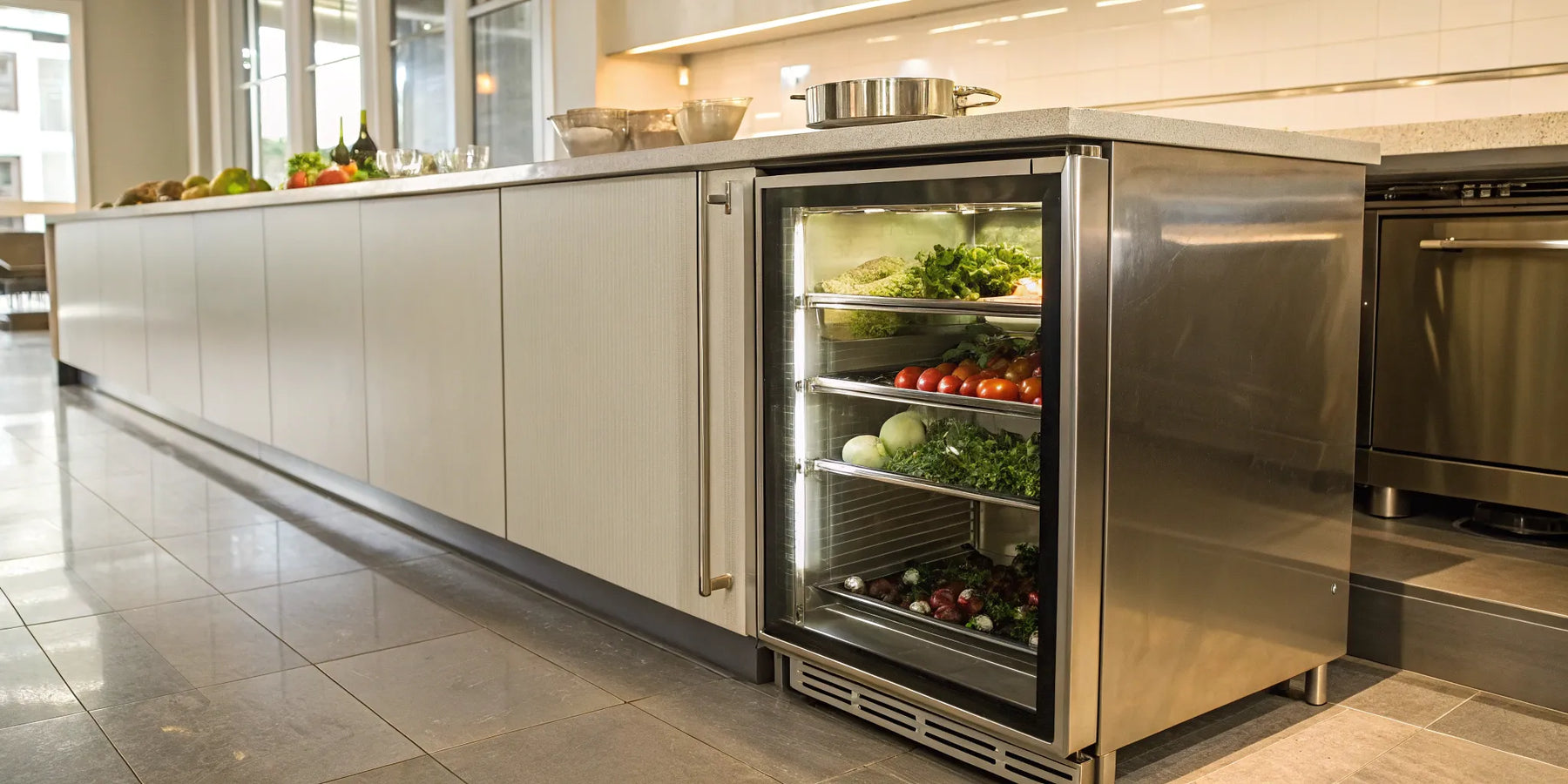 A stainless steel under counter cooler with a glass door in a commercial restaurant kitchen.