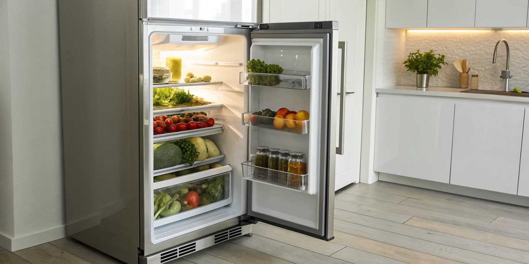 One of the best undercounter refrigerators, open and stocked with drinks in a modern kitchen.