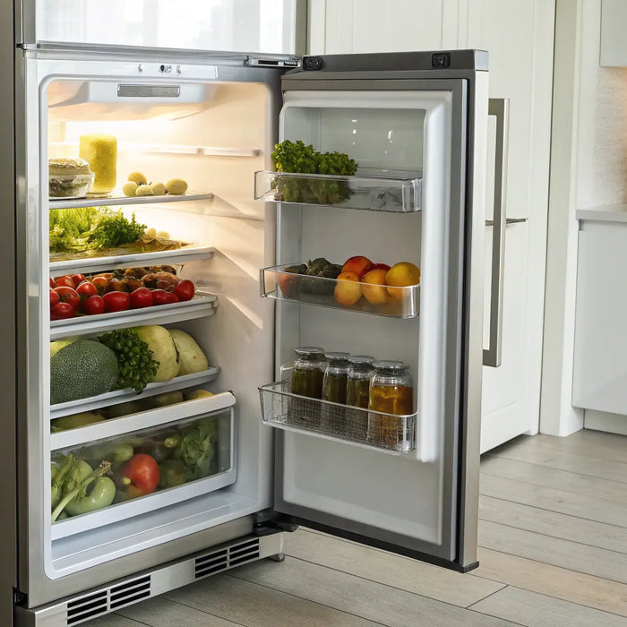 One of the best undercounter refrigerators, open and stocked with drinks in a modern kitchen.