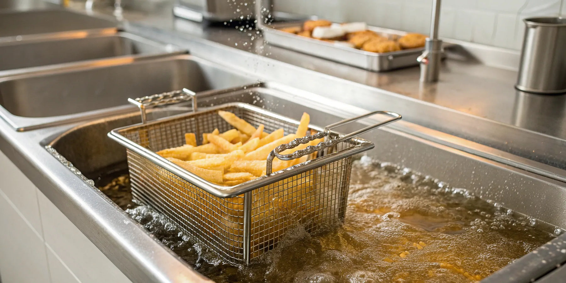Commercial countertop fryer cooking a basket of French fries.