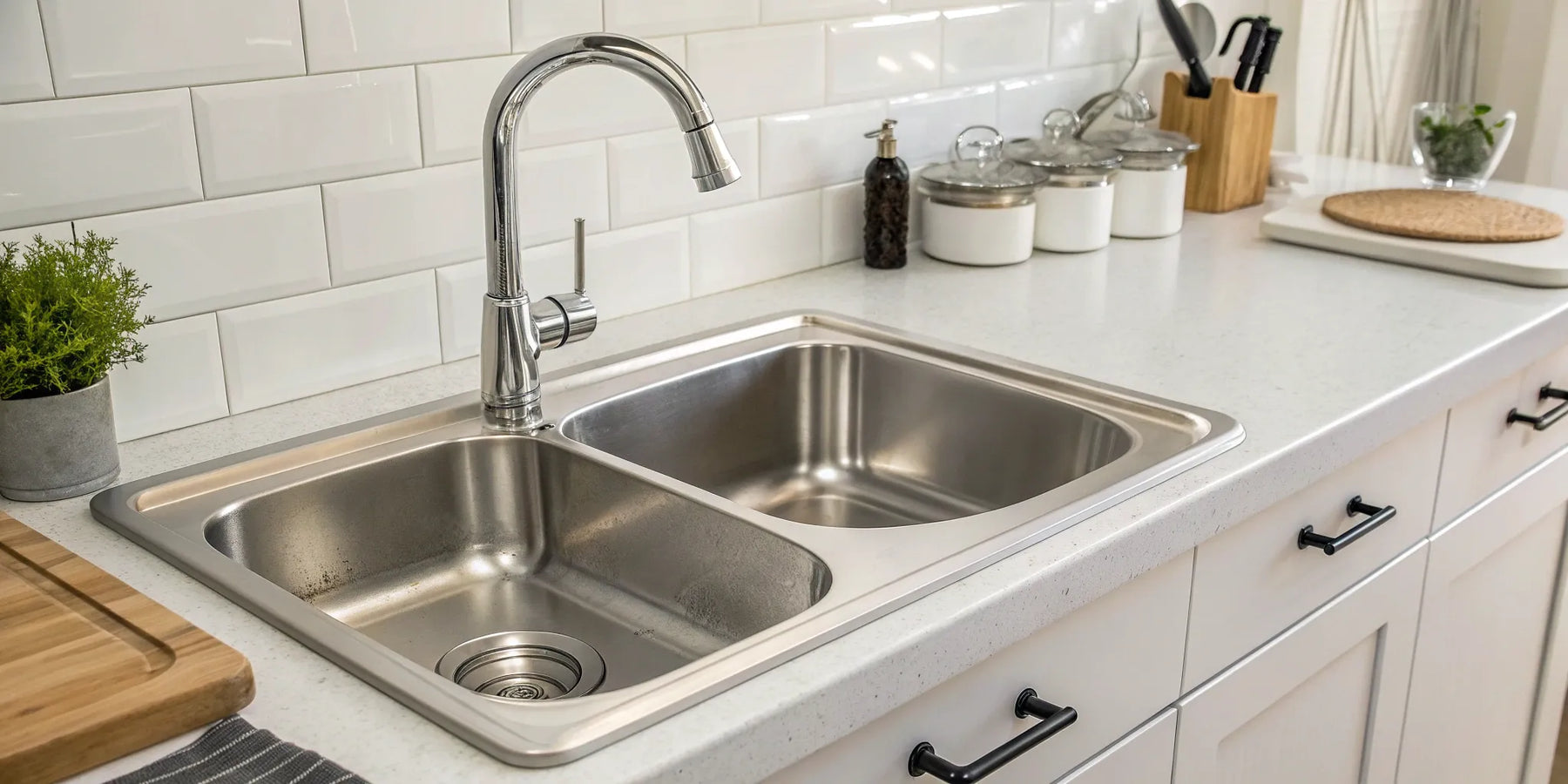 Double-bowl industrial stainless steel sink for a commercial kitchen.