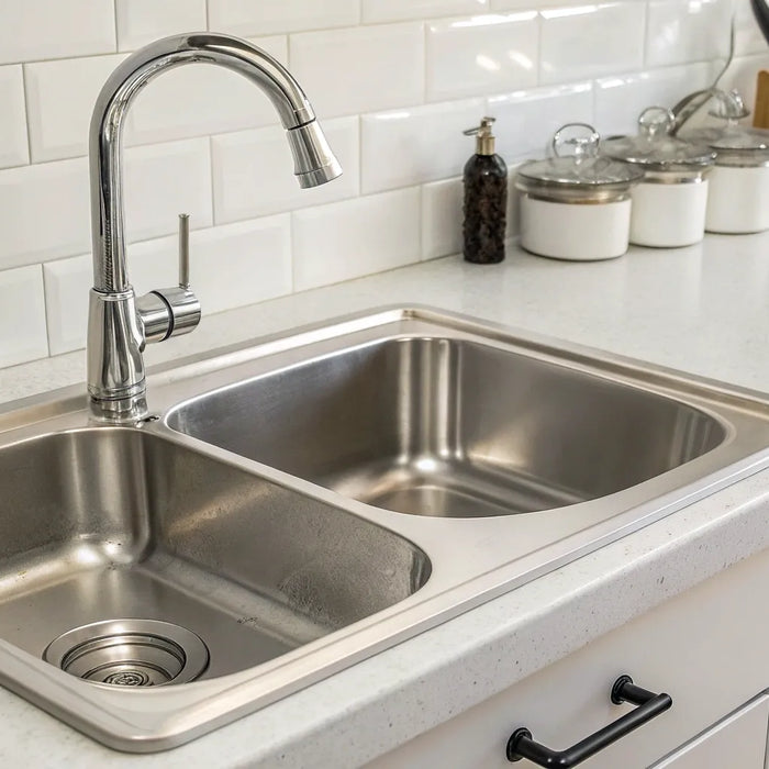 Double-bowl industrial stainless steel sink for a commercial kitchen.
