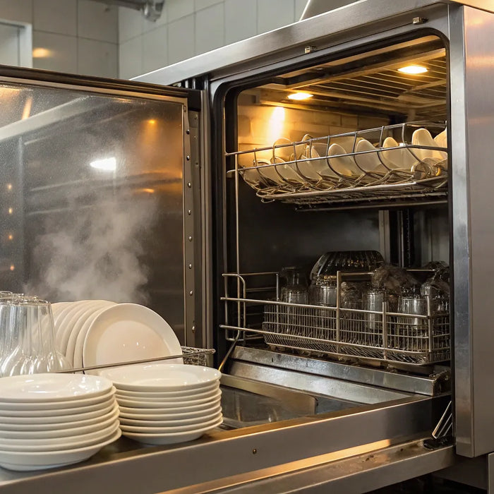 An open restaurant dishwasher machine steams over racks of clean plates and glasses.