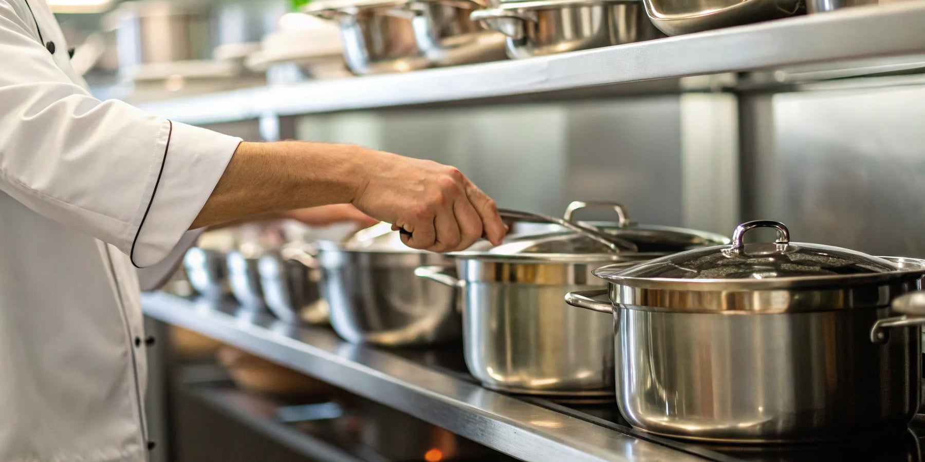 A chef selecting the right stainless steel food pot for cooking on a stove.
