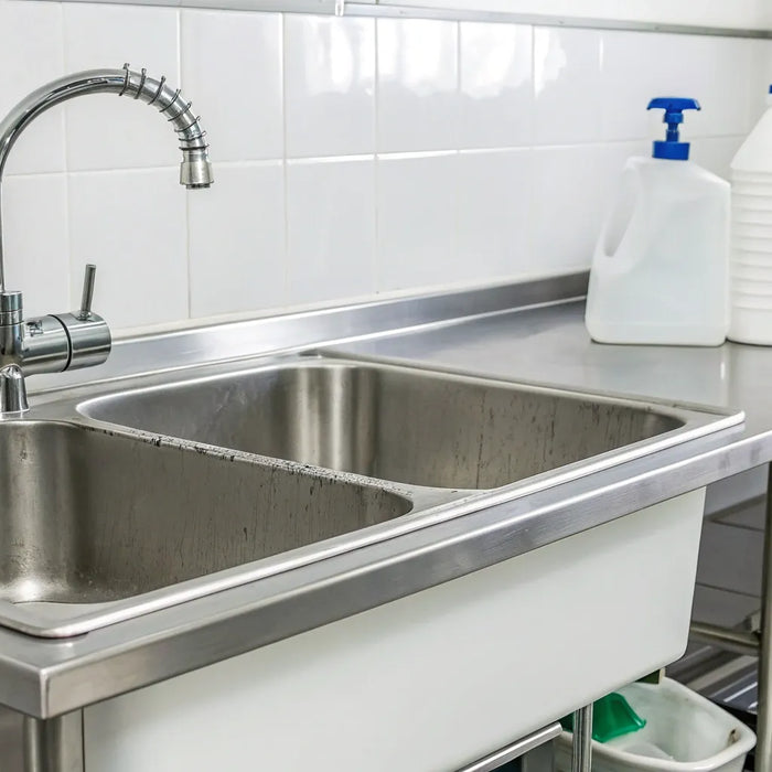 A stainless steel commercial janitorial sink with a deep basin and faucet.