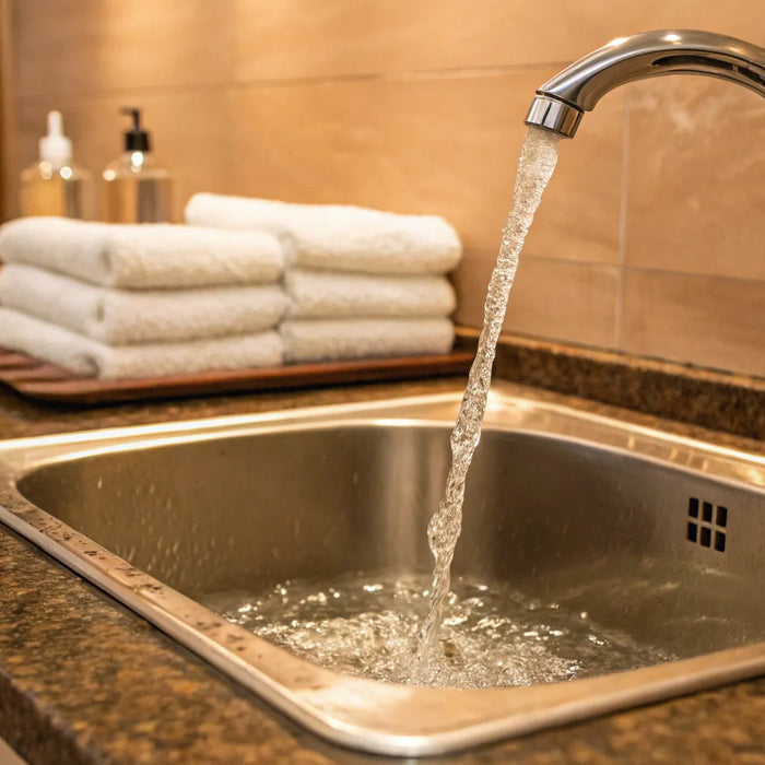 Commercial hand sink with soap dispenser and towels.