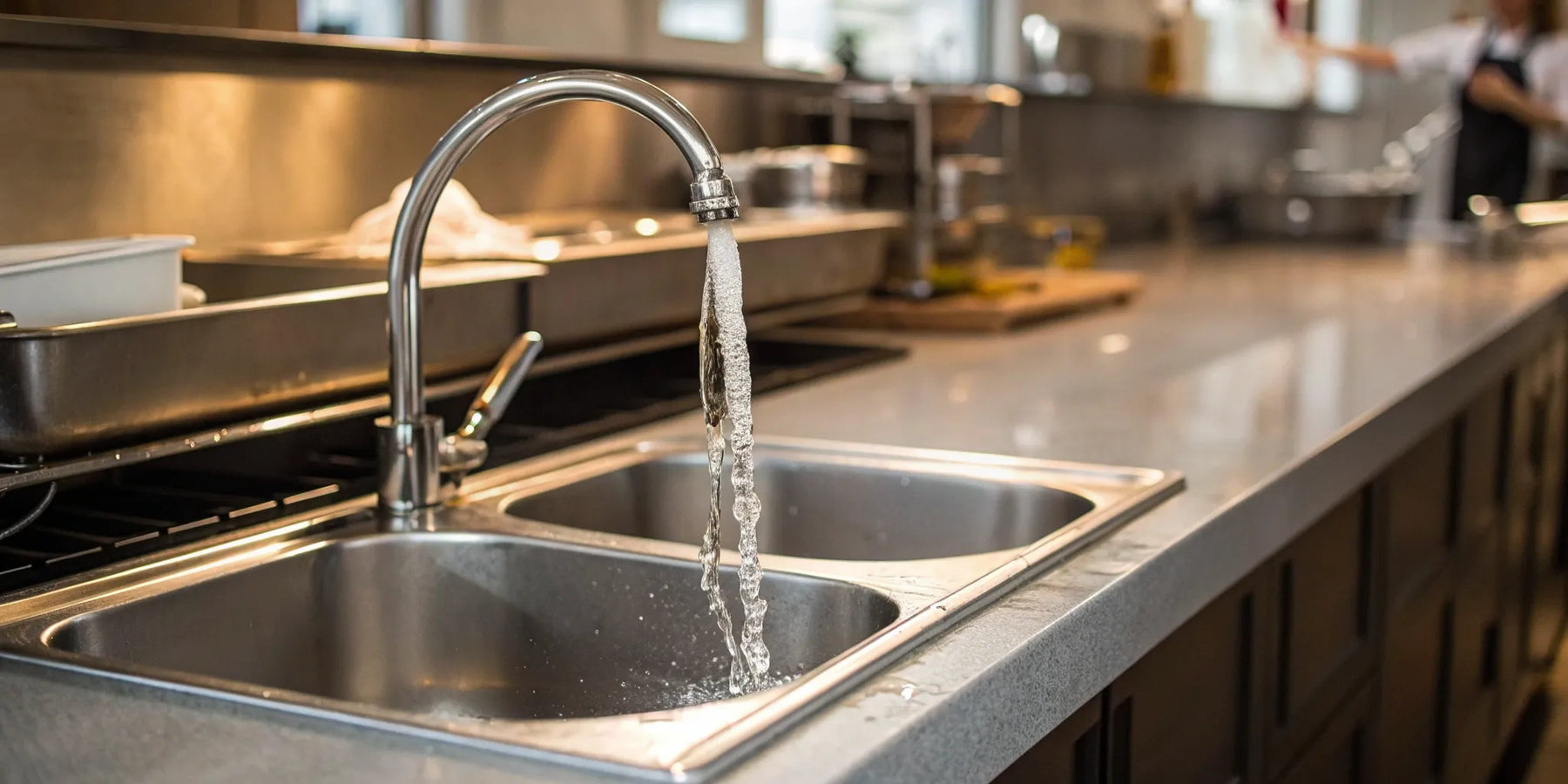 Stainless steel commercial hand sink with running water.