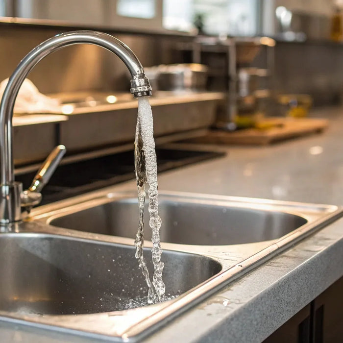 Stainless steel commercial hand sink with running water.