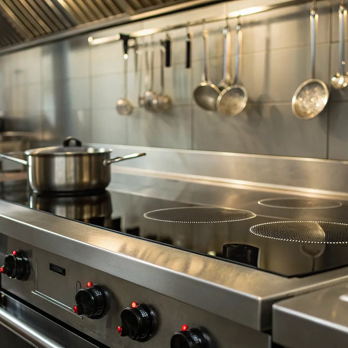 Induction range with stainless steel cooktop in a commercial kitchen.