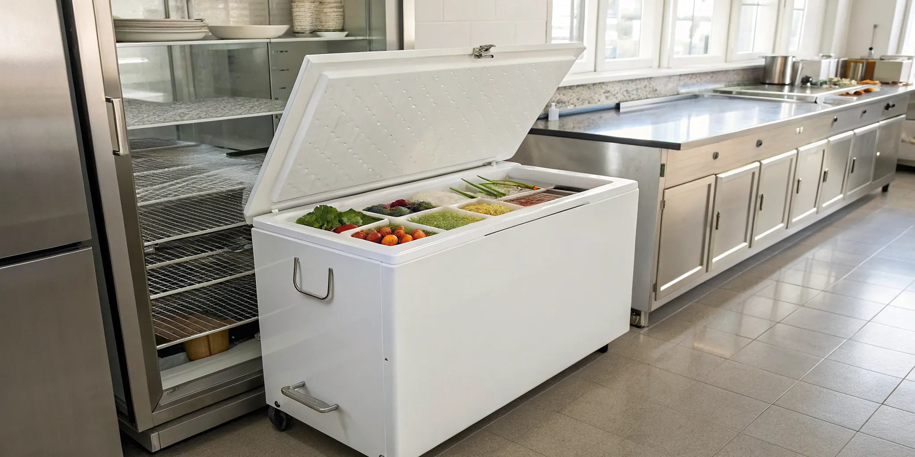 An open commercial chest freezer filled with organized food in a stainless steel restaurant kitchen.