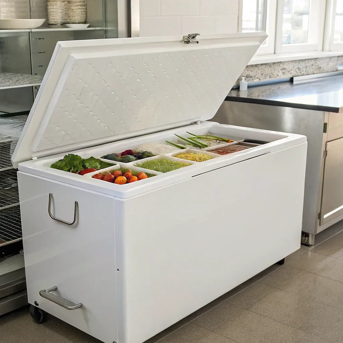 An open commercial chest freezer filled with organized food in a stainless steel restaurant kitchen.