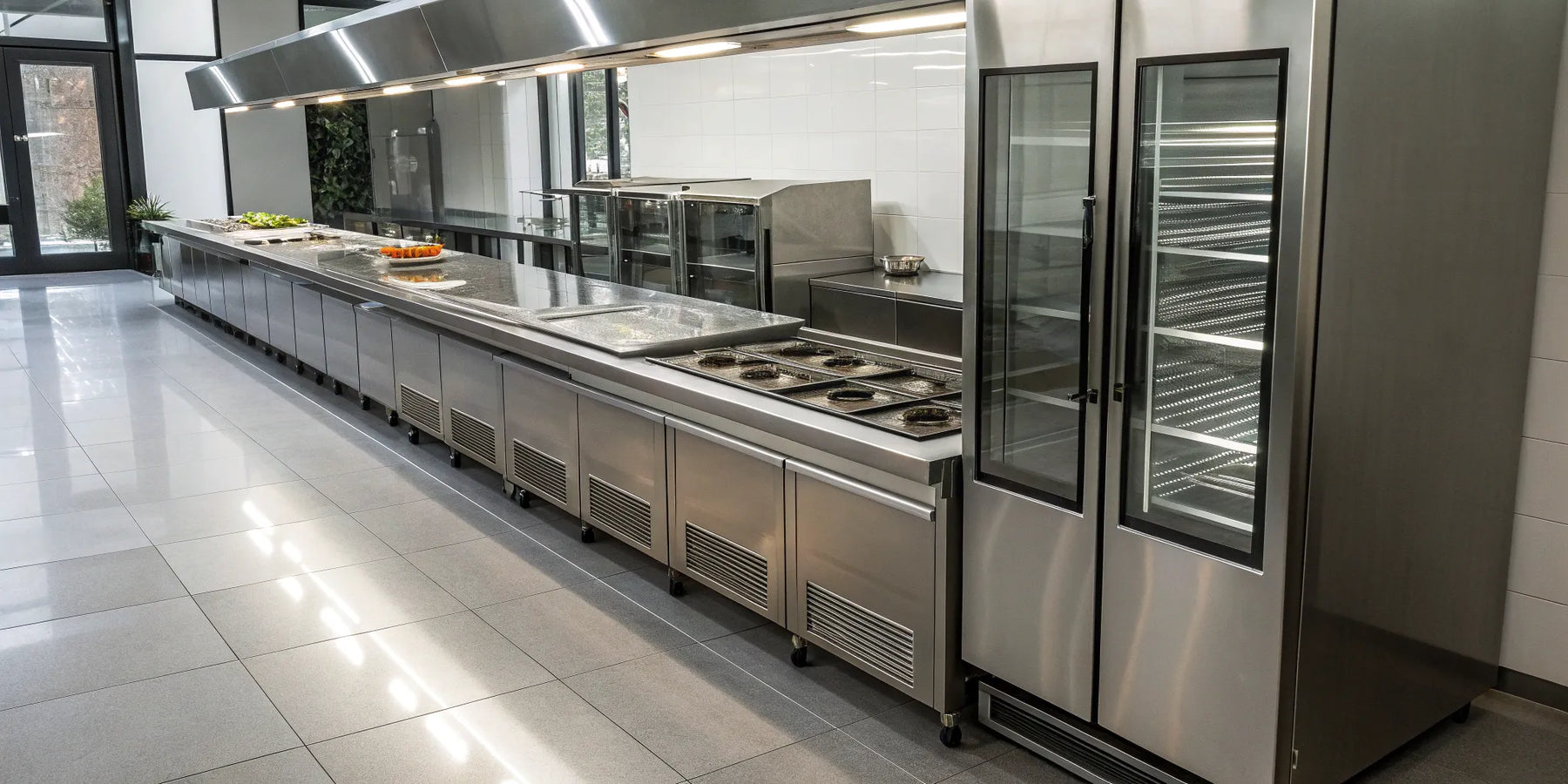 Essential commercial restaurant equipment, including stainless steel prep tables and refrigeration units.