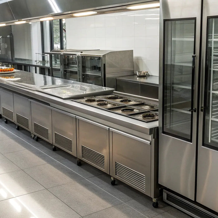 Essential commercial restaurant equipment, including stainless steel prep tables and refrigeration units.