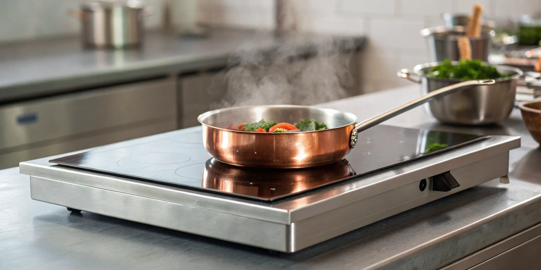 A commercial hot plate cooking food in a pan in a professional kitchen.
