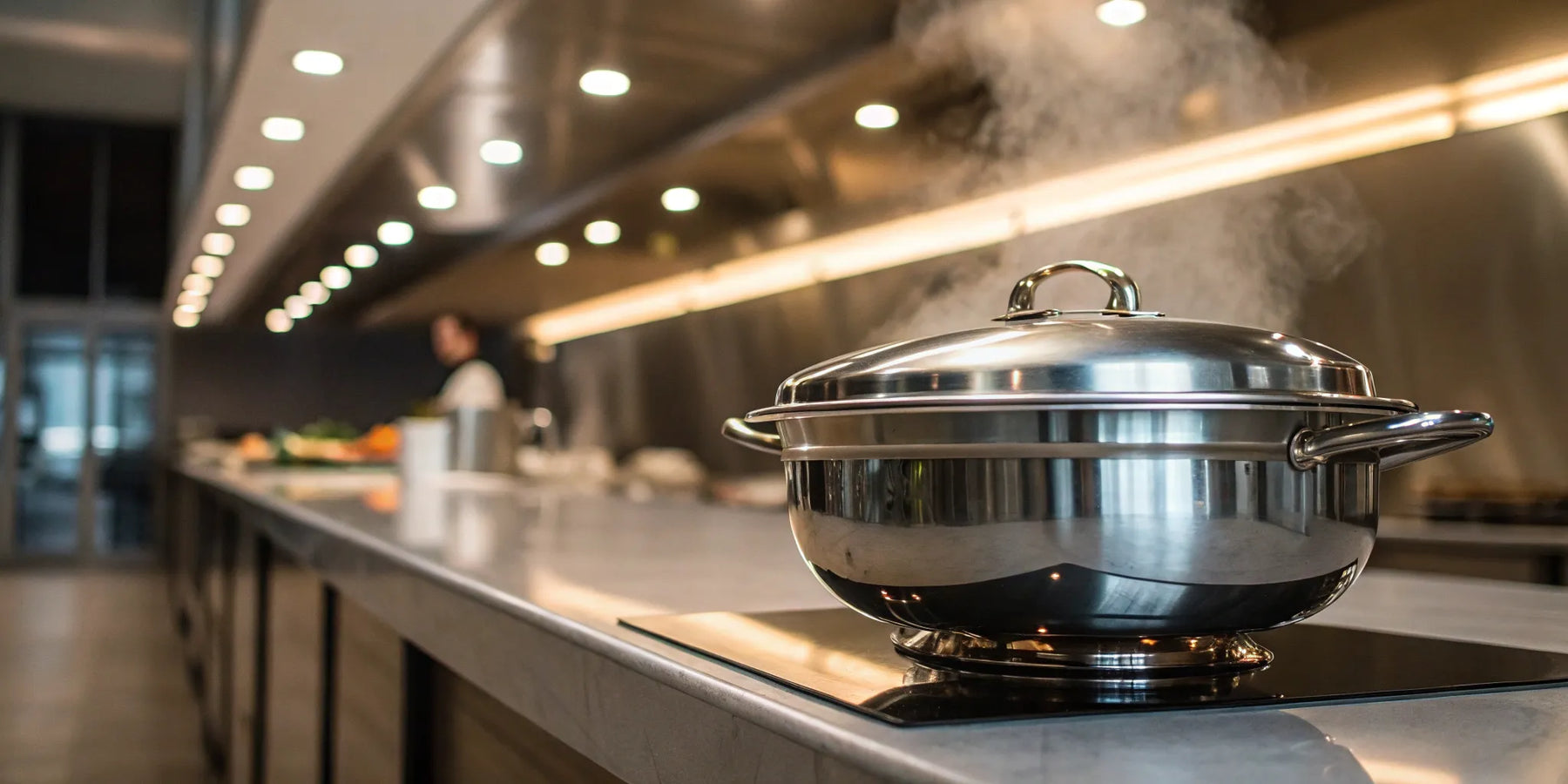Stainless steel catering pot with a lid, a durable choice for commercial kitchens.