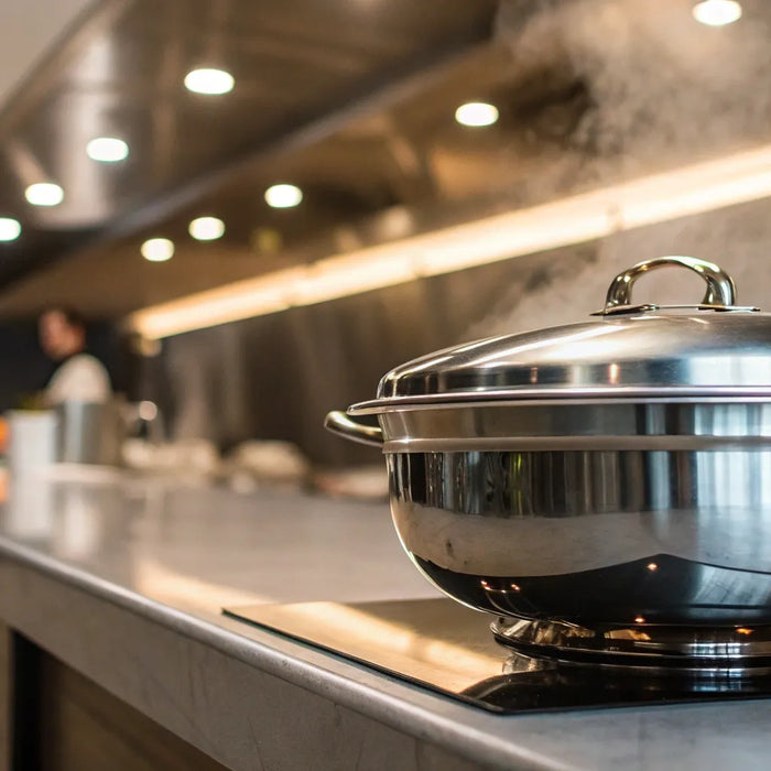 Stainless steel catering pot with a lid, a durable choice for commercial kitchens.