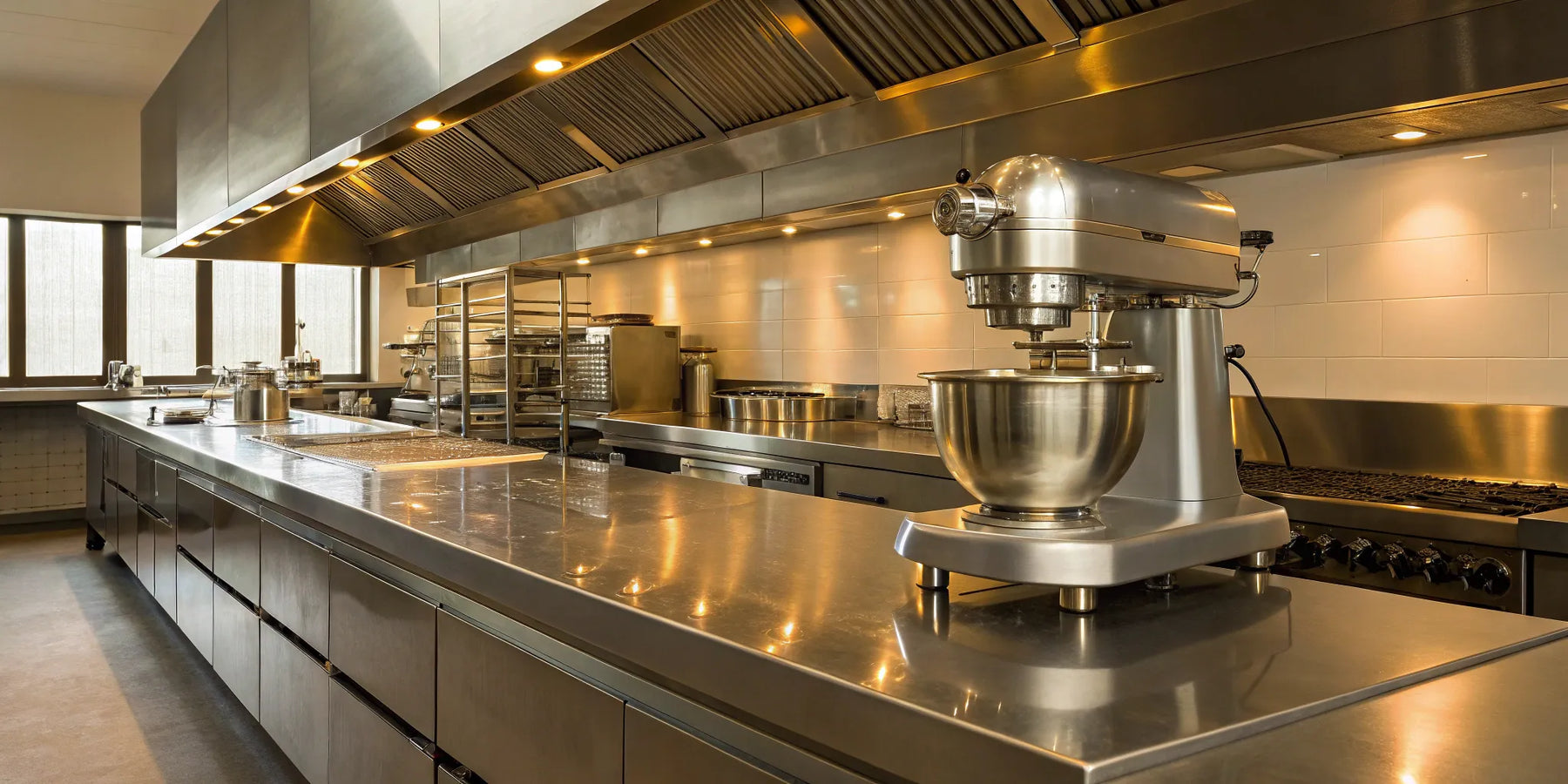 Henderson commercial kitchen equipment with stainless steel prep tables and an industrial mixer.