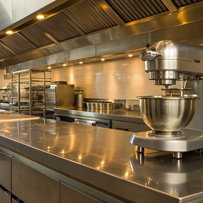 Henderson commercial kitchen equipment with stainless steel prep tables and an industrial mixer.