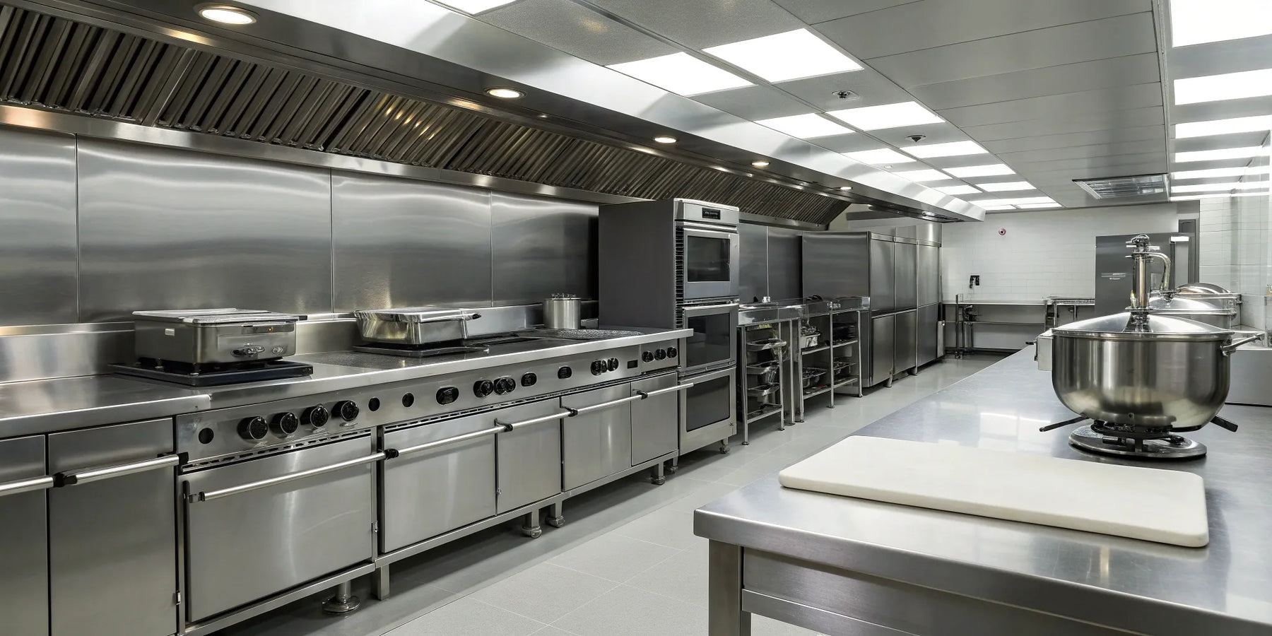 An industrial kitchen with essential supply like stainless steel cooking equipment and prep tables.