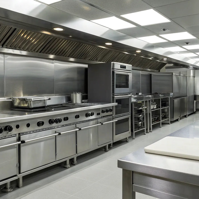 An industrial kitchen with essential supply like stainless steel cooking equipment and prep tables.