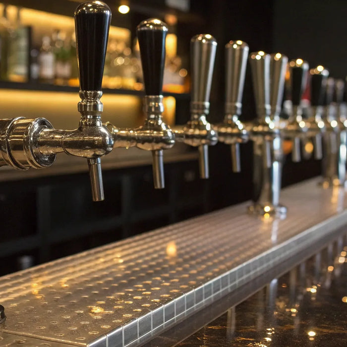A collection of liquor pourer spouts on bottles at a bar.