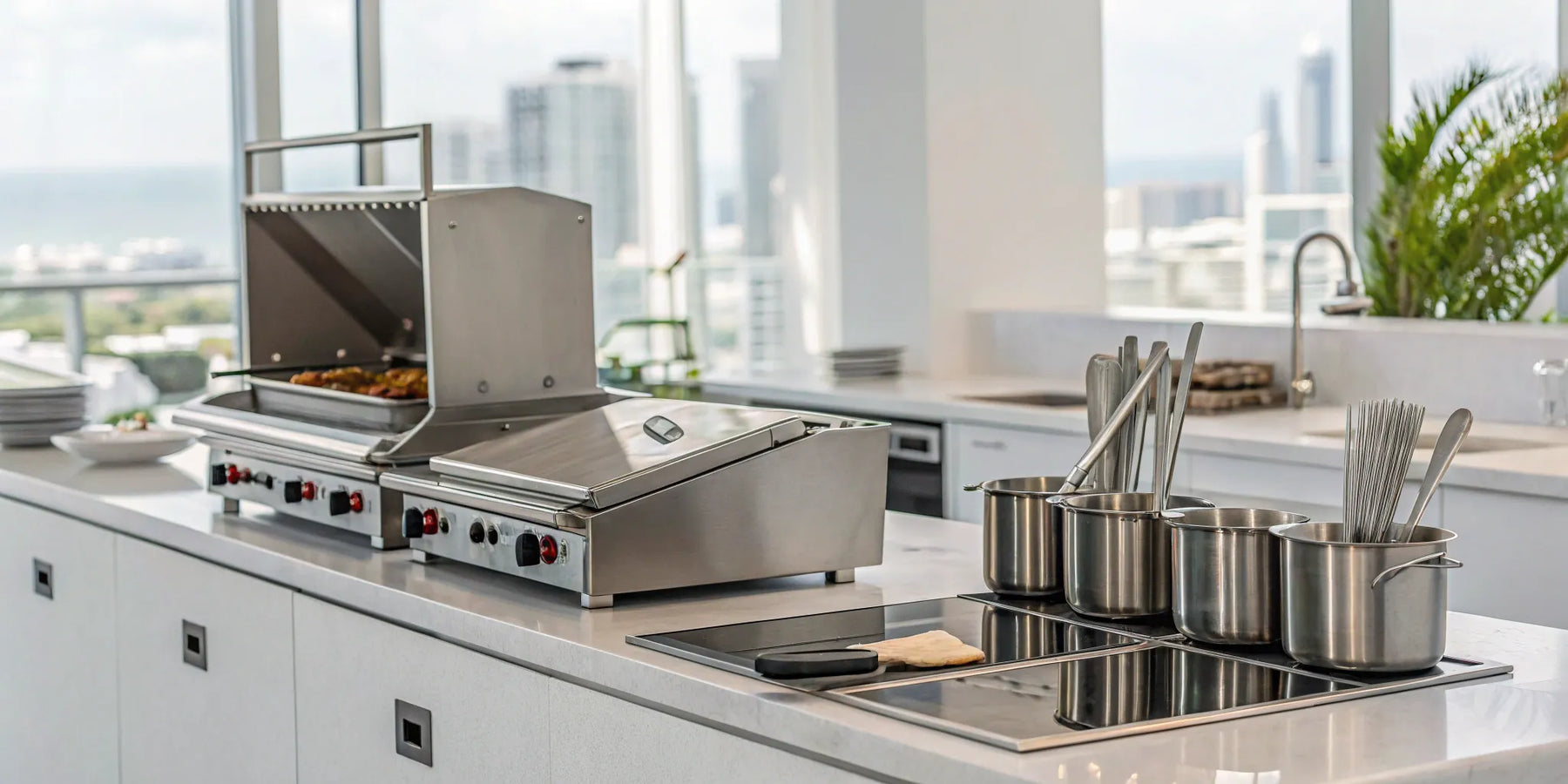 Essential stainless steel equipment for a professional Miami restaurant kitchen.