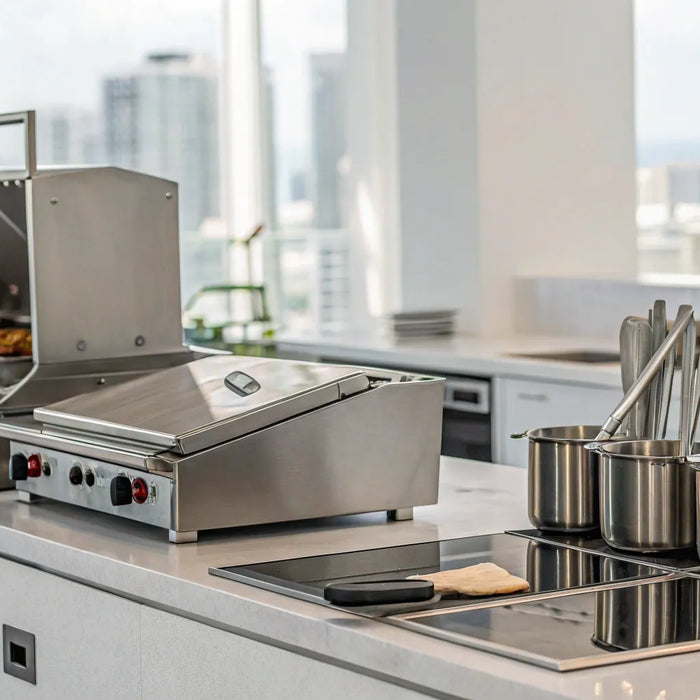 Essential stainless steel equipment for a professional Miami restaurant kitchen.