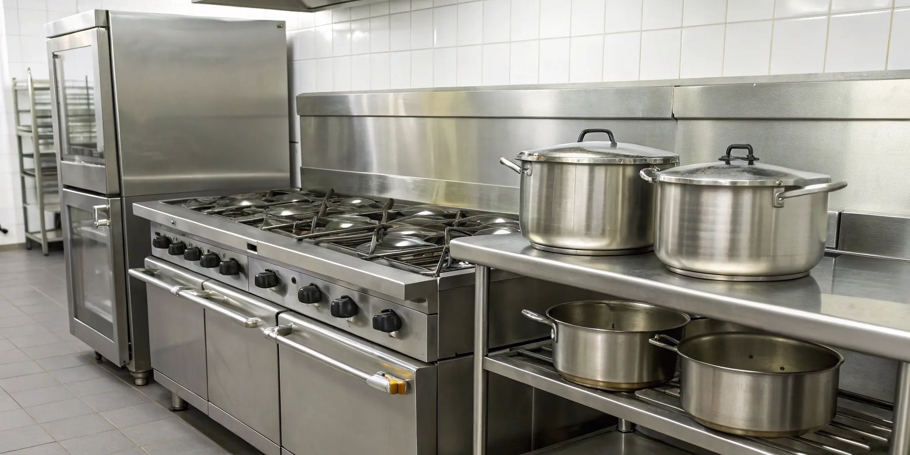 A modern commercial kitchen featuring a full line of stainless steel restaurant equipment.