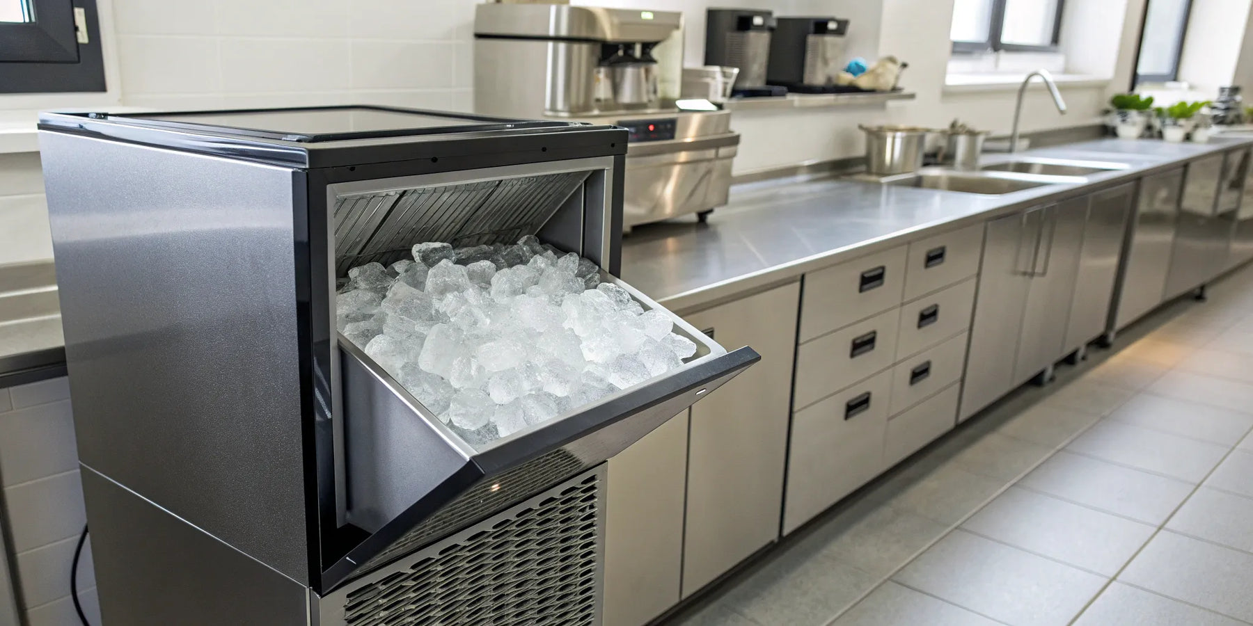 A Scotsman ice system producing fresh ice cubes in a commercial kitchen.
