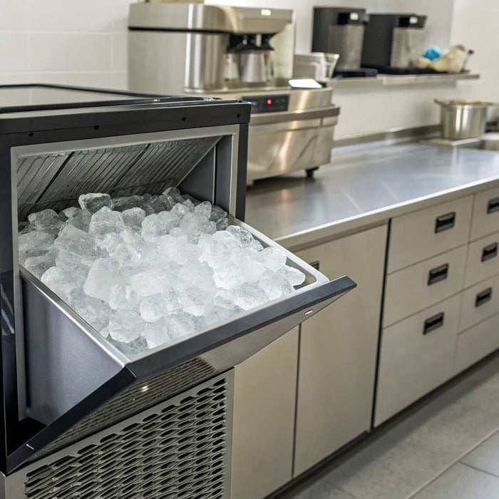 A Scotsman ice system producing fresh ice cubes in a commercial kitchen.