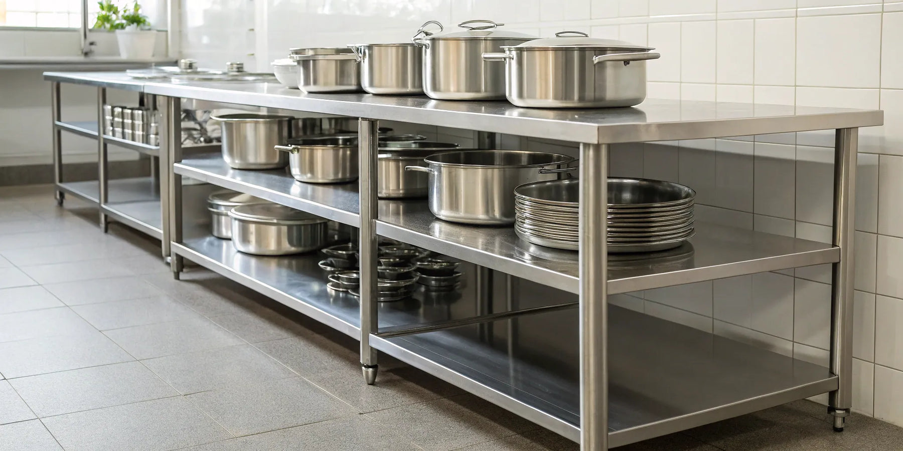 Commercial stainless steel tables with shelves for organized kitchen storage.