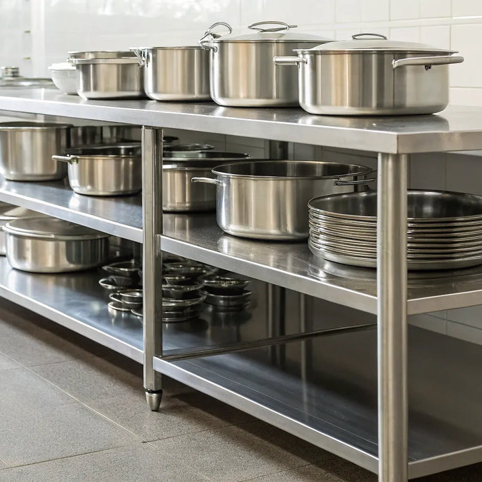 Commercial stainless steel tables with shelves for organized kitchen storage.