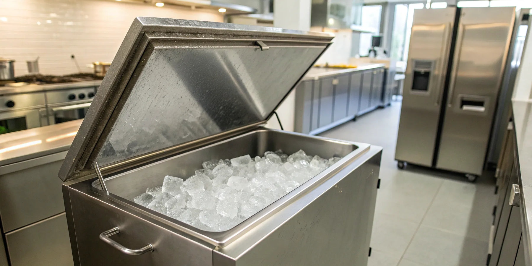 A stainless steel ice storage bin full of fresh ice for a commercial kitchen.