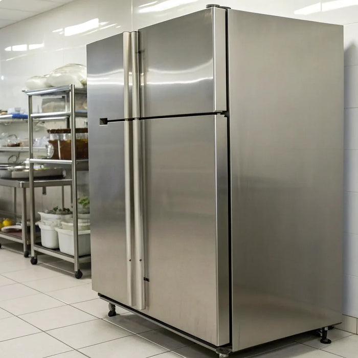 A stainless steel reach-in restaurant freezer in a commercial kitchen.