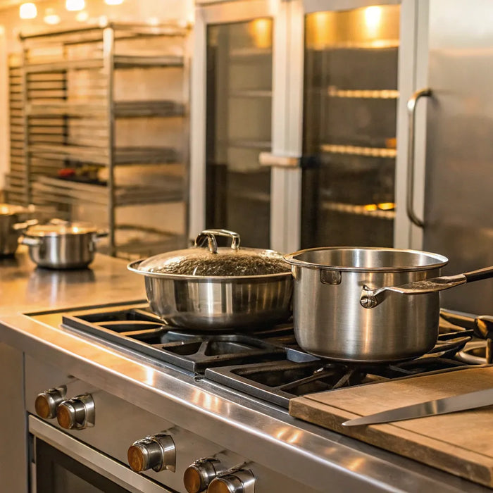 A professional restaurant kitchen with essential stainless steel cooking equipment ready for service.