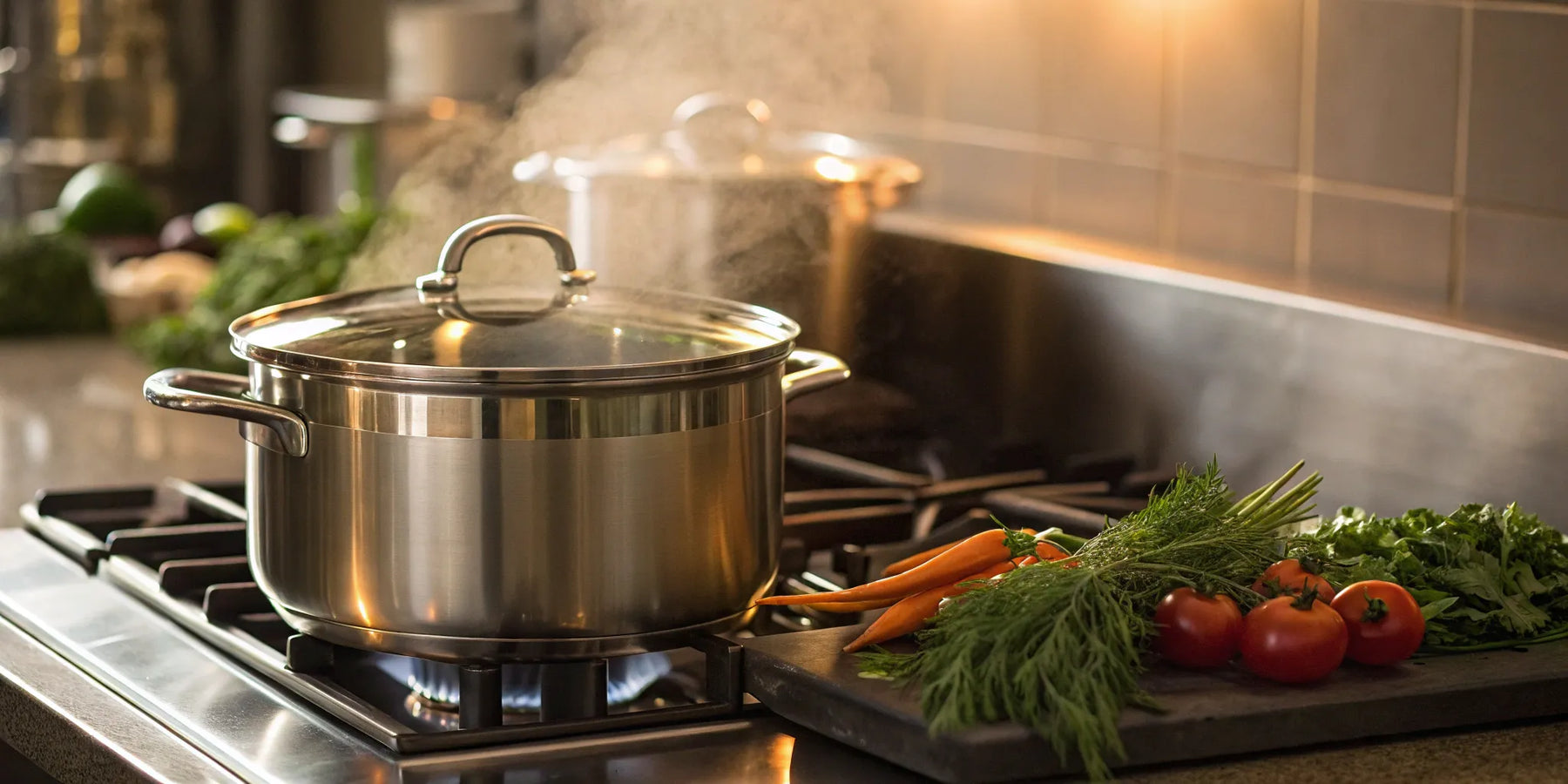 Steaming stock pot with vegetables.