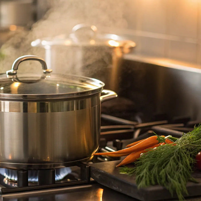 Steaming stock pot with vegetables.
