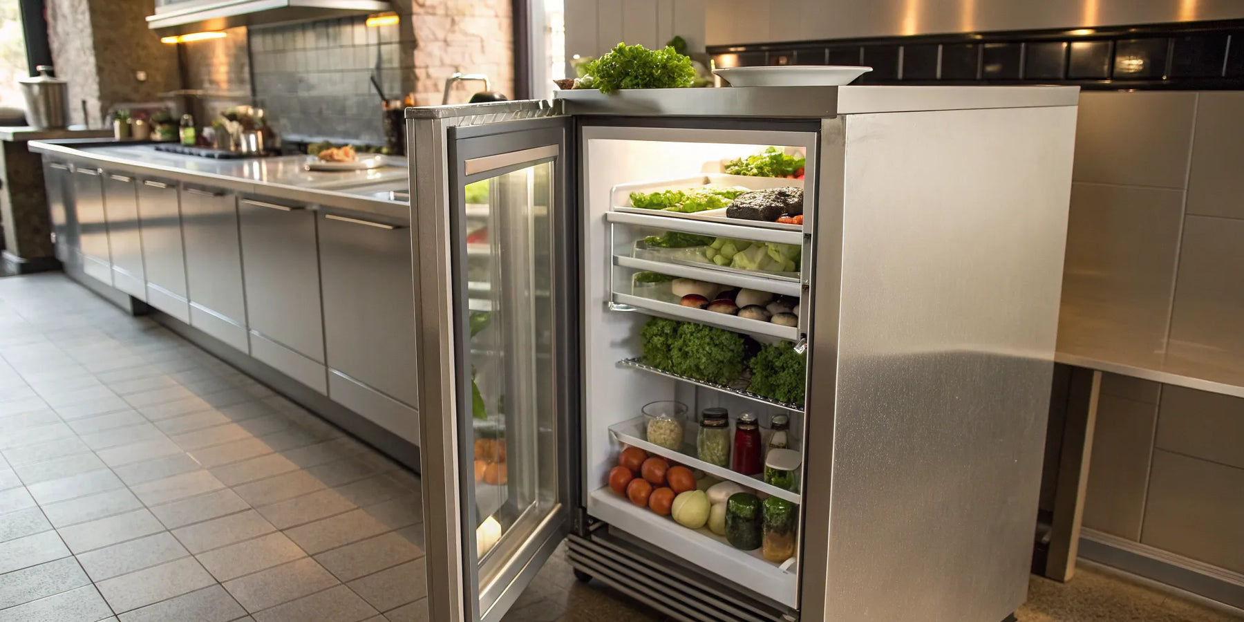 Stainless steel under the cabinet refrigerator in a commercial kitchen, stocked with fresh ingredients.